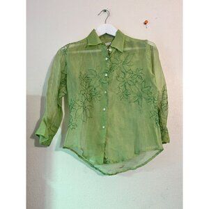 Jill McGowan Womens Sheer Green Floral Embroidered  3/4 Sleeve Button-Up Blouse